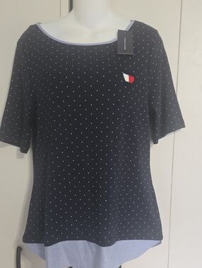 Tommy Hilfiger Navy and White Polka Dot Short-Sleeve Top with Flag Patch
